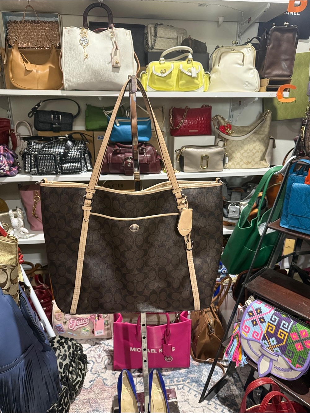 Coach Brown and Tan Signature Tote 19.5X 14.5  / Travel Bag